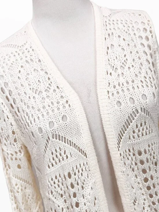 Women's Size M Open Front Crochet Openword Knit Long Cardigan Sweater - Picture 2 of 8